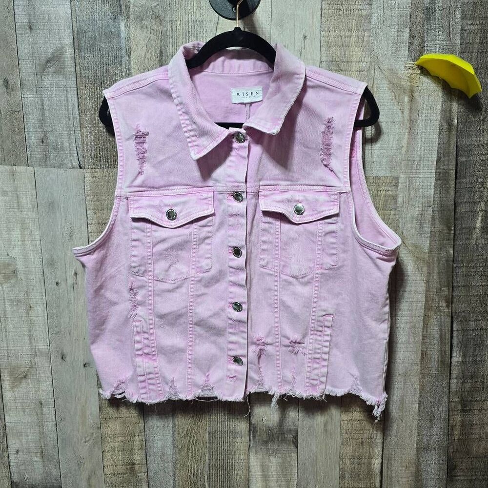 Risen Pink Distressed Denim Jean Vest Plus Size 1x Moto Girly Barbiecore - Picture 2 of 6